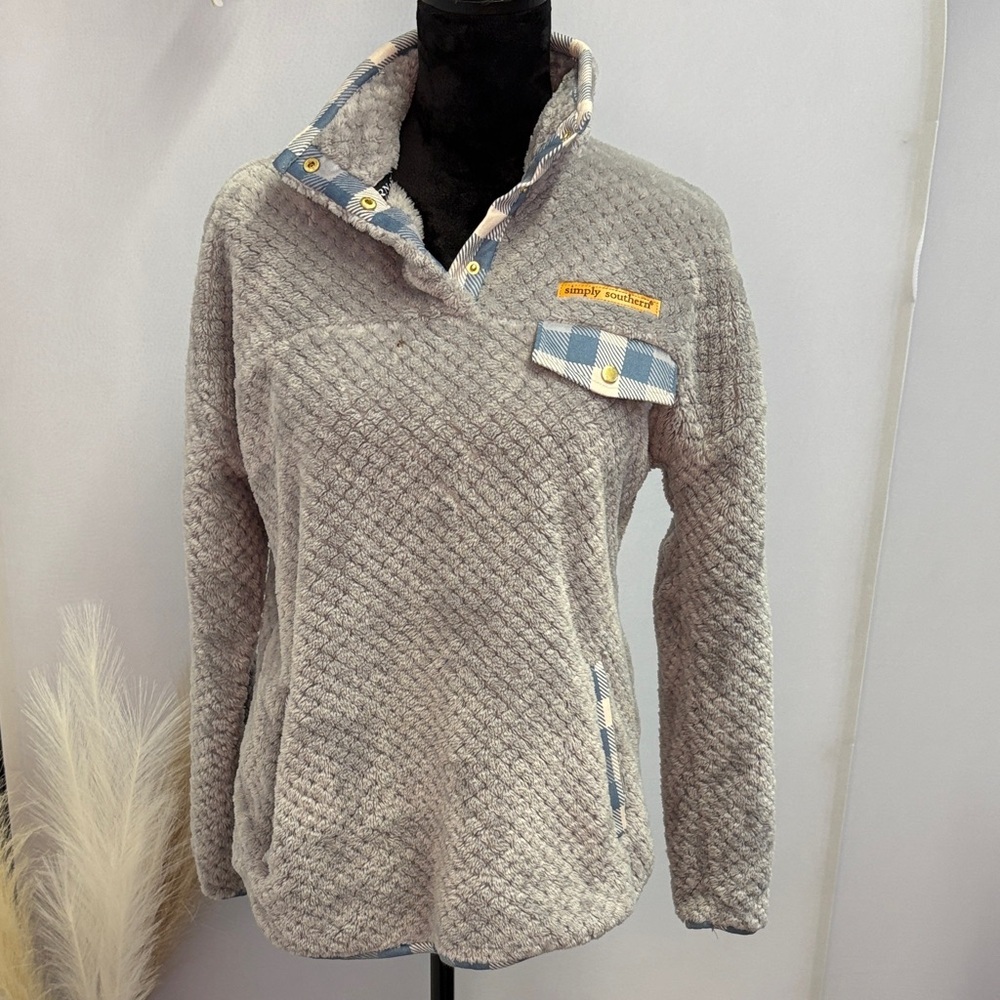 Simply Southern Women's Gray Teddy Jacket with Plaid Accents